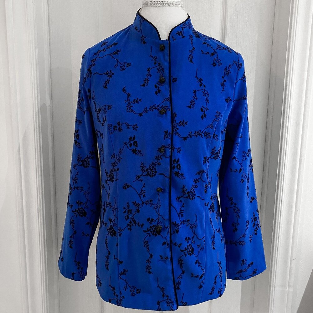 Notations Blue Floral Mandarin Collar Embroidered Jacket Petite Medium